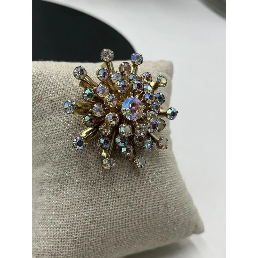 Vintage Aurora Borealis AB Rhinestone Starburst‎ Sunburst Brooch Pin